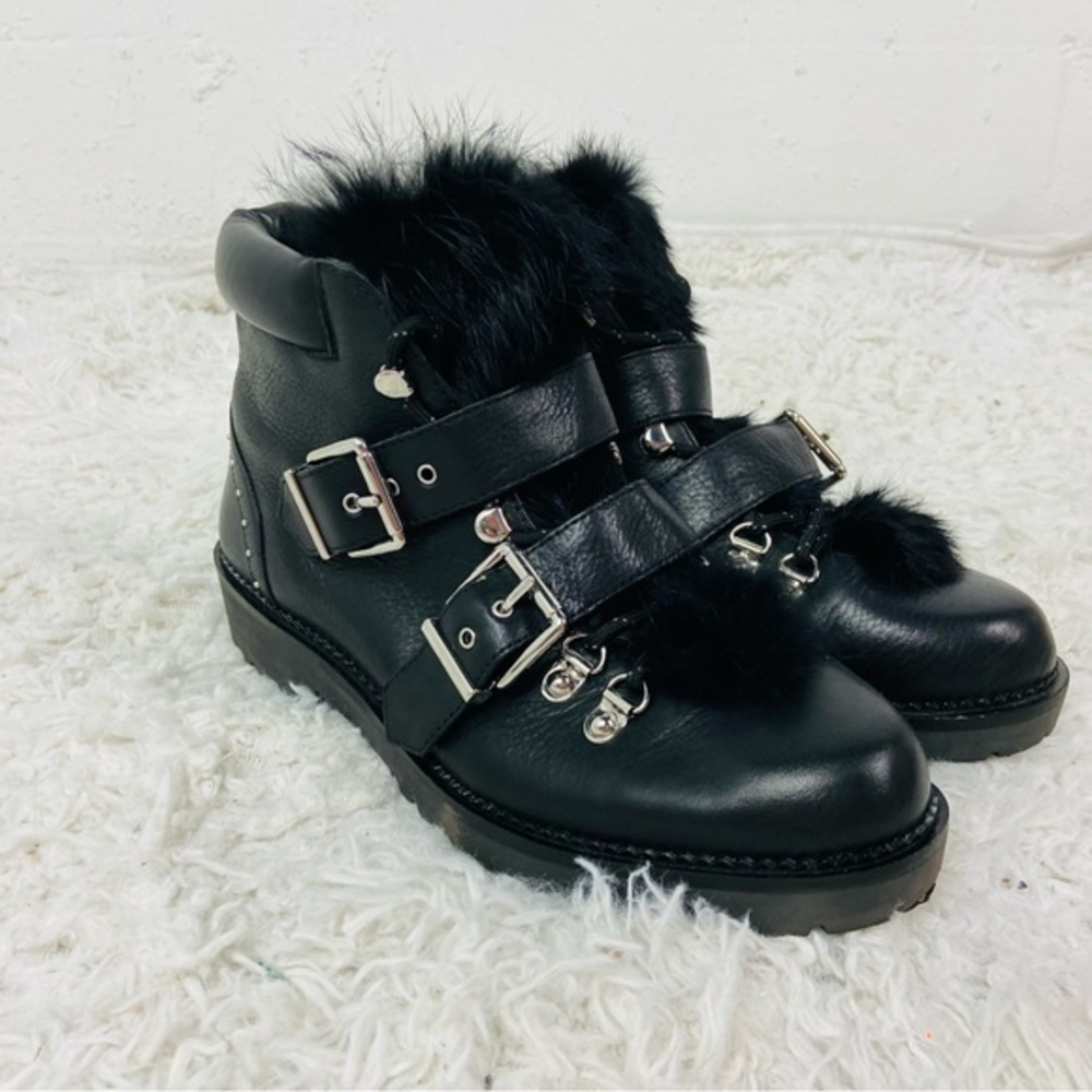 Gianni bini Black Fur leather buckle moto lace up ankle Boots size 8